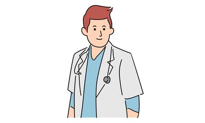 Man with stethoscope, Line art vector illustration