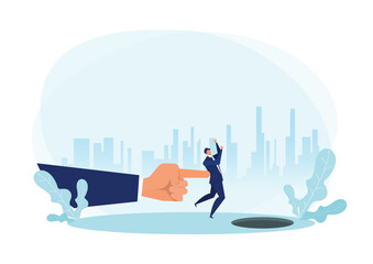 A giant hand pushing at business executive Creative nudge concept.flat vector illustration - obrazy, fototapety, plakaty
