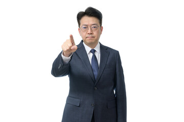 White background and gestures of an Asian middle-aged businessman.