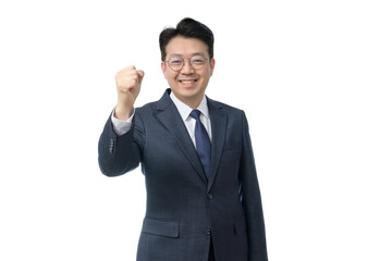 White background and gestures of an Asian middle-aged businessman.