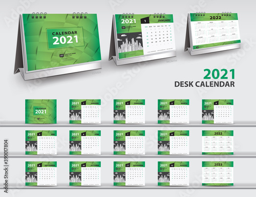 Calendar Cover 2023 Calendar 2021, 2022, 2023 Year Template Vector And 3D Mockup Desk Calendar,  Set Desk Calendar 2021 Vector Creative Design, Green Cover Design, Set Of  12 Months, Week Starts Sunday, Stationery Wall Mural-Ganpanjanee