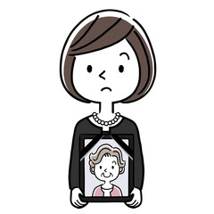 ベクターイラスト素材：喪服を着た女性、遺影を持つ
