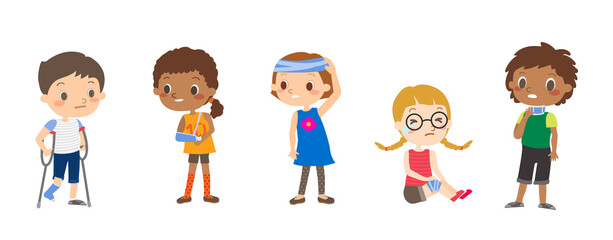 Injured children cartoon illustrations.