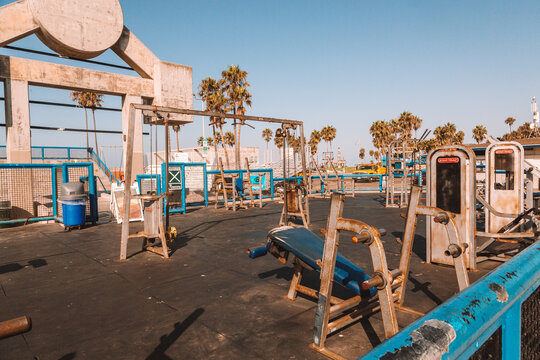 View Of The Famous Muscle Beach In Los Angeles By The Venice Beach In USA On A Blue Sky Background