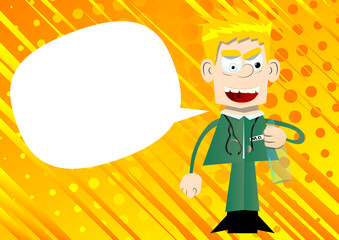 Funny cartoon doctor holding a bottle. Vector illustration.