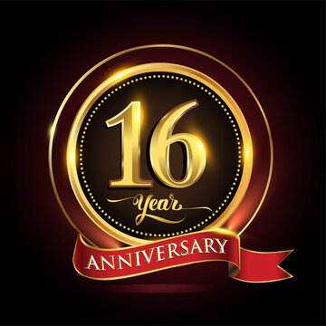 16th years celebration anniversary logo with golden ring and red ribbon.