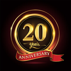 20th years celebration anniversary logo with golden ring and red ribbon.