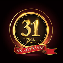 31st years celebration anniversary logo with golden ring and red ribbon.
