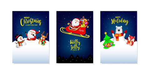 Set of Christmas card design, Santa Claus, Snowman, Reindeer Elf, bear and fox. Merry Christmas and Happy new year concept. Illustration.