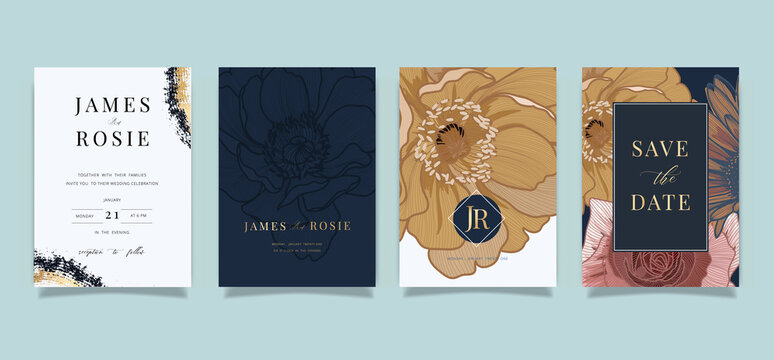 Luxury Social Media Wedding invite frame templates. Vector background. Mockup for social media banner. mobile Floral golden collage layout design.