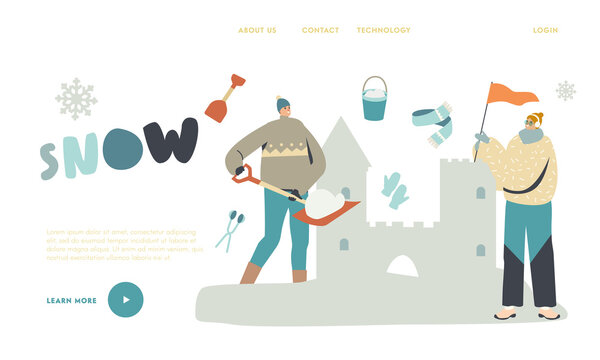 Characters Making Castle Snow Sculpture Landing Page Template. Couple Working with Shovel and Bucket for Building Palace