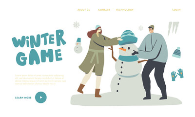 Winter Time Outdoor Activity Landing Page Template. Man and Woman Making Snowman on Snowy Landscape Background