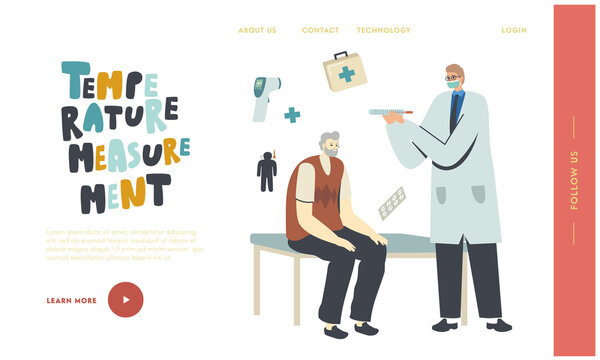 Elderly Healthcare Landing Page Template. Senior Male Character Visiting Hospital with Flu or Covid Symptom Temperature