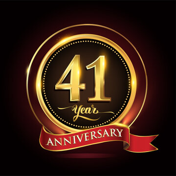 41st years celebration anniversary logo with golden ring and red ribbon.