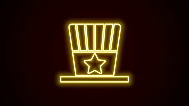 Glowing neon line Patriotic American top hat icon isolated on black background. Uncle Sam hat. American hat independence day. 4K Video motion graphic animation
