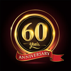 60th years celebration anniversary logo with golden ring and red ribbon.