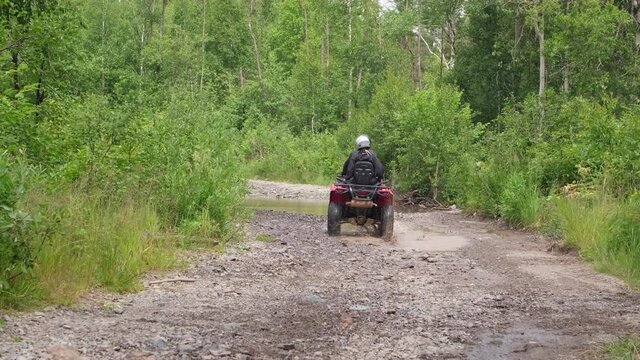 Lockdown shot with rear view of man and woman in helmets driving red quad bike in rough terrain in forest
