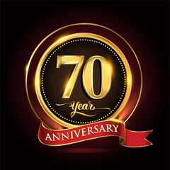 70th years celebration anniversary logo with golden ring and red ribbon.