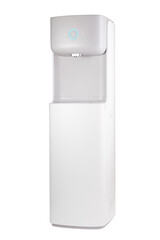 Modern technology concept. New water cooler format. A glass of pouring water. Touch panel with glowing indicator.