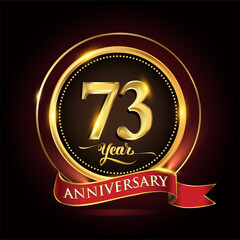 73rd years celebration anniversary logo with golden ring and red ribbon.