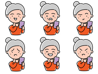 スマホ　おばあちゃん　イラスト素材セット