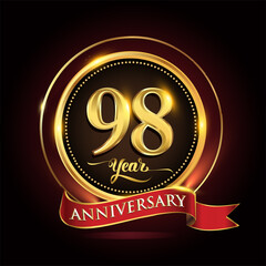 98th years celebration anniversary logo with golden ring and red ribbon.