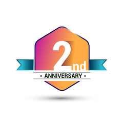 2nd anniversary celebration isolated in colorful hexagon shape and blue ribbon colored, vector design.