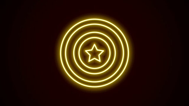 Glowing neon line American star shield icon isolated on black background. United States of America country flag. 4th of July. USA Independence day. 4K Video motion graphic animation