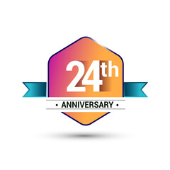 24th anniversary celebration isolated in colorful hexagon shape and blue ribbon colored, vector design.