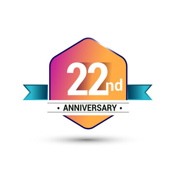 22nd anniversary celebration isolated in colorful hexagon shape and blue ribbon colored, vector design.