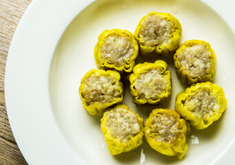 Close up Chinese dumplings  in plate , in studio Chiangmai Thailand.
