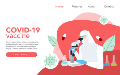 Illustration of a professor concocting a vaccine for the covid-19 virus. Landing page concept of covid-19 vaccine