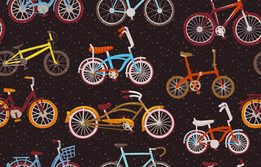 Fototapeta na wymiar A different types of bicycles, dark color seamless pattern background, cartoon flat style vector art illustration series. 