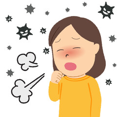 発熱・咳の症状が出ている女性のイラスト 
