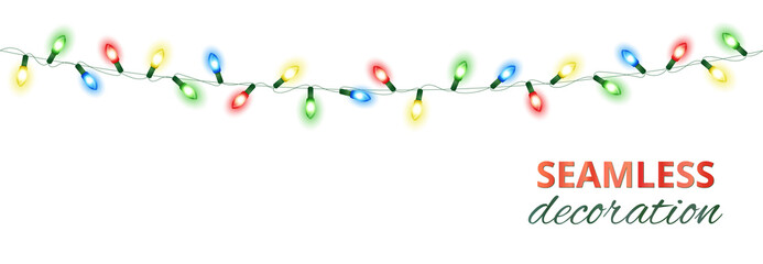 Christmas lights, isolated seamless vector decoration. Good for white, dark or colored background. Holiday border, lamps frame. Winter season illuminated garland. For New Year banners, party posters.