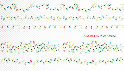 Christmas lights, isolated seamless vector decoration. Good for white, dark or colored background. Holiday border, lamps frame. Winter season illuminated garland. For New Year banners, party posters.