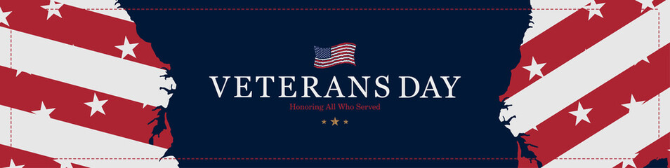 Happy Veterans Day. Greeting card with USA flag on background. National American holiday event. Flat vector illustration EPS10.