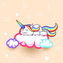 Fabulous Abstract Paper cut Color Cute Sleep Unicorn On Clouds Horn  Shadow Vector Design Card Style