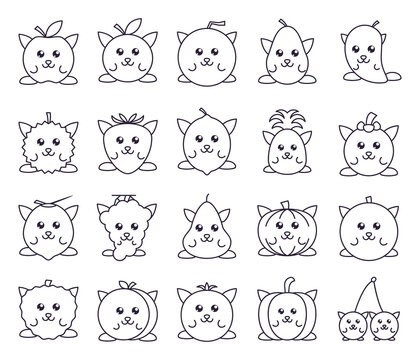 Set fruits icon cute character with line style