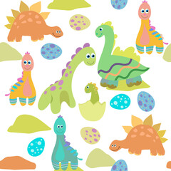 Cute childish illustration with dinosaurs, seamless pattern for printing on textiles and paper