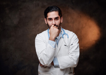 Mature skilled and bearded therapist with stethoscope poses looking at camera in dark background.