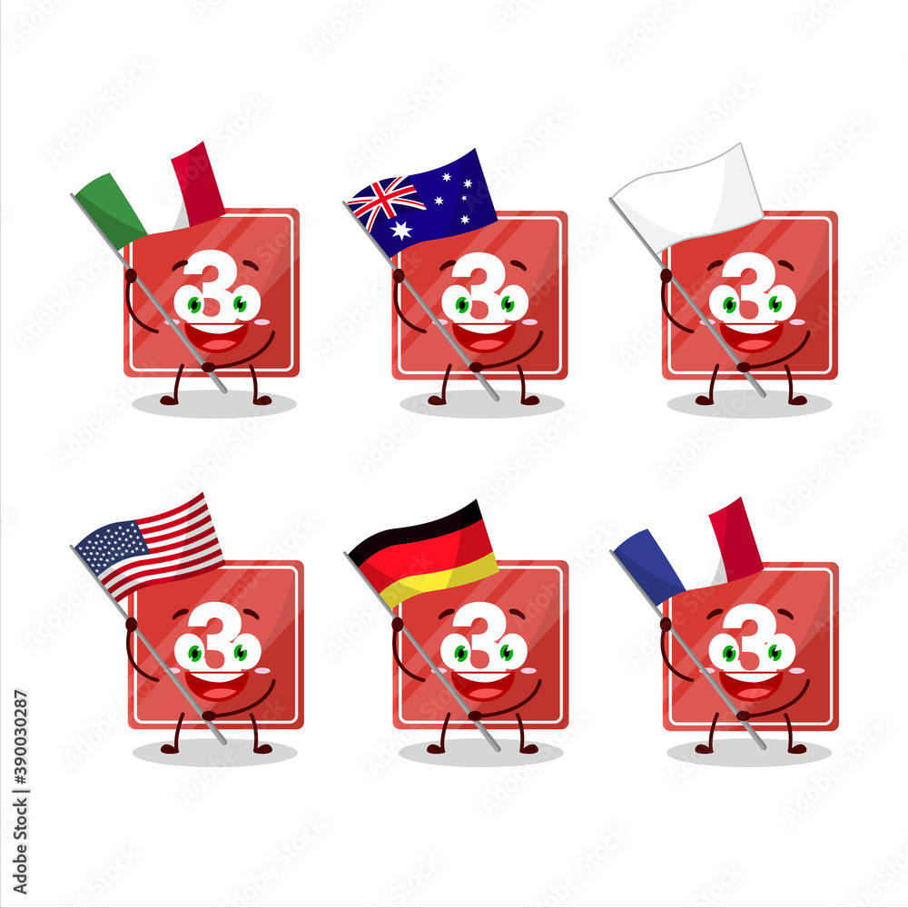 Poster toys block three cartoon character bring the flags of various countries