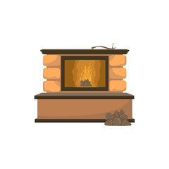 Classic fireplace made of decorative bricks. Fire and wood are burning inside.
Living room interior element for coziness and comfort. Vector illustration.