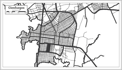 Cienfuegos Cuba City Map in Black and White Color in Retro Style. Outline Map.
