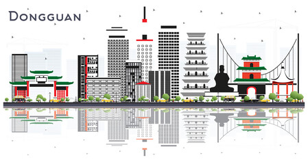 Dongguan China City Skyline with Gray Buildings and Reflections Isolated on White.