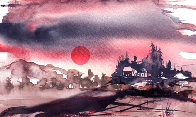 Watercolor Countryside landscape. Illustration of watercolors and black mascara. Abstract black splash of paint. Silhouettes the village on the mountain. Watercolor logo, postcard. sunset. Graphic