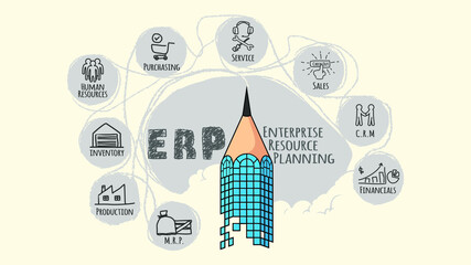 enterprise resource planning. hand drawn skyscraper building pencil shape clean vector illustration