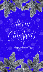 Happy New Year and Merry Christmas! card, banner, flat lay, with text - Merry Christmas,  On blue background