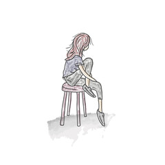 Lonely girl sitting on the chair isolated and depressed. Watercolor sketch