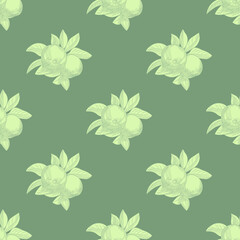 Apples seamless pattern on green background. Vintage botanical wallpaper.